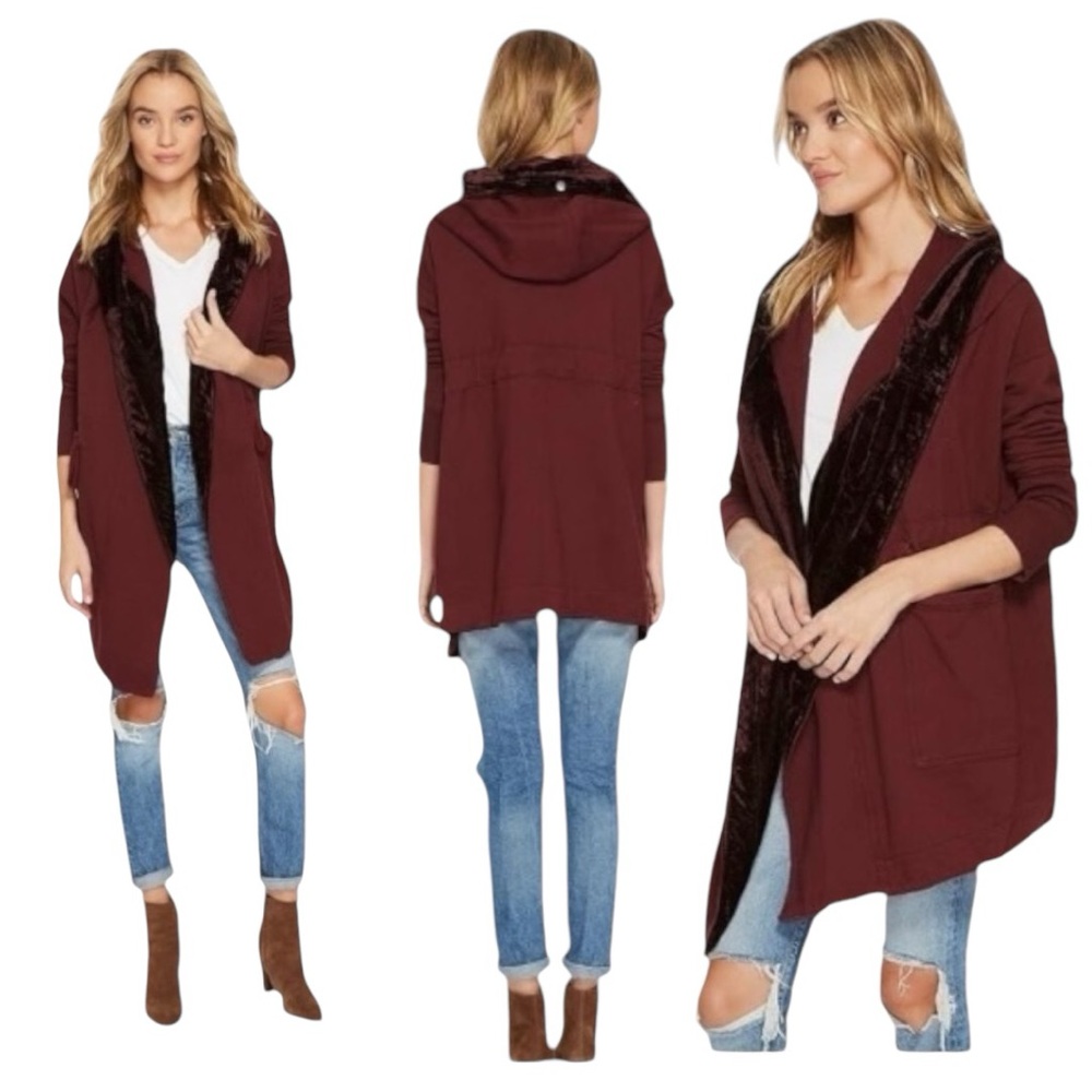 Free People Westwood Cardi Hoodie‎ Velvet Collar Wine Size Small